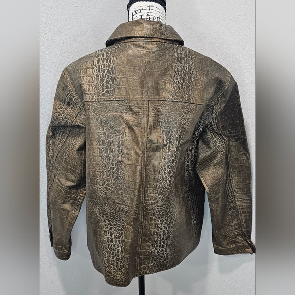 CHICO'S Womens 100% Leather Metallic Reptil Print Zip Front Pockets Jacket Sz 2 - Picture 9 of 16